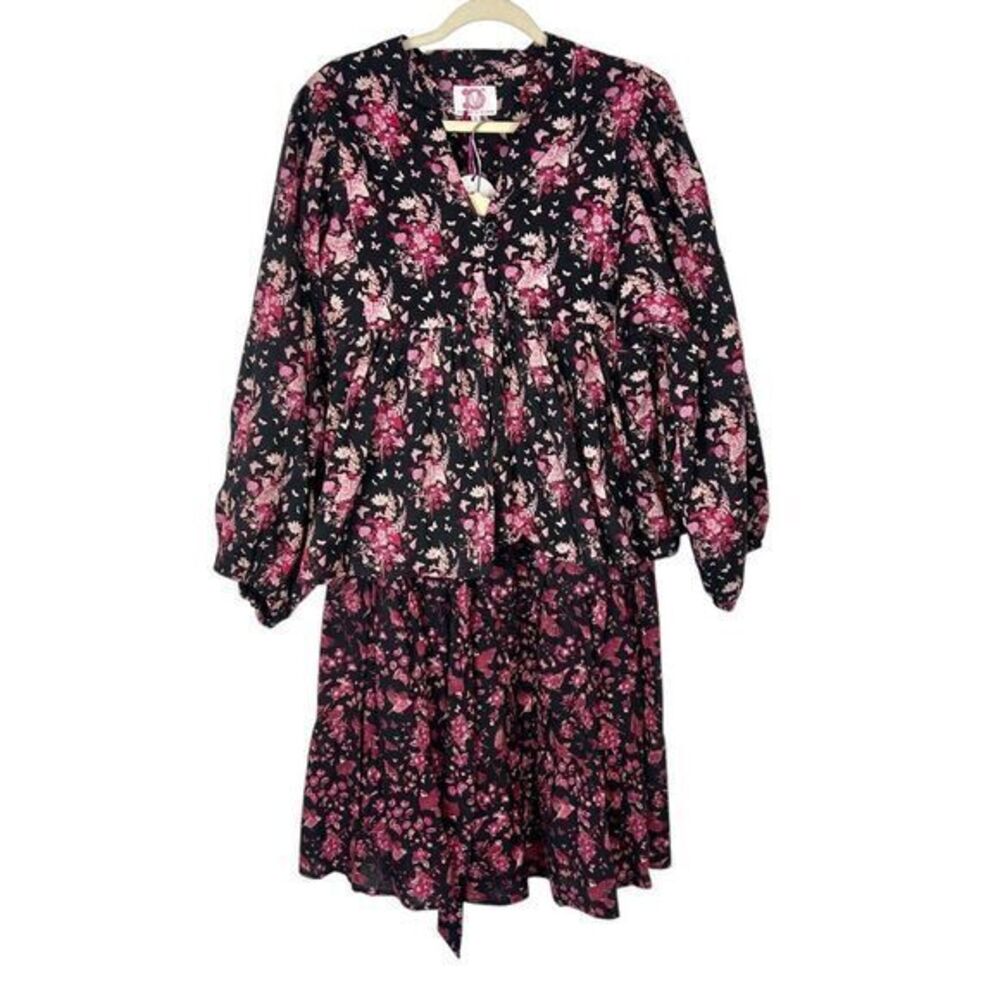 NWT Victoria Dunn Blouse Midi Skirt Set Large Black Pink Floral Chinoiserie Boho